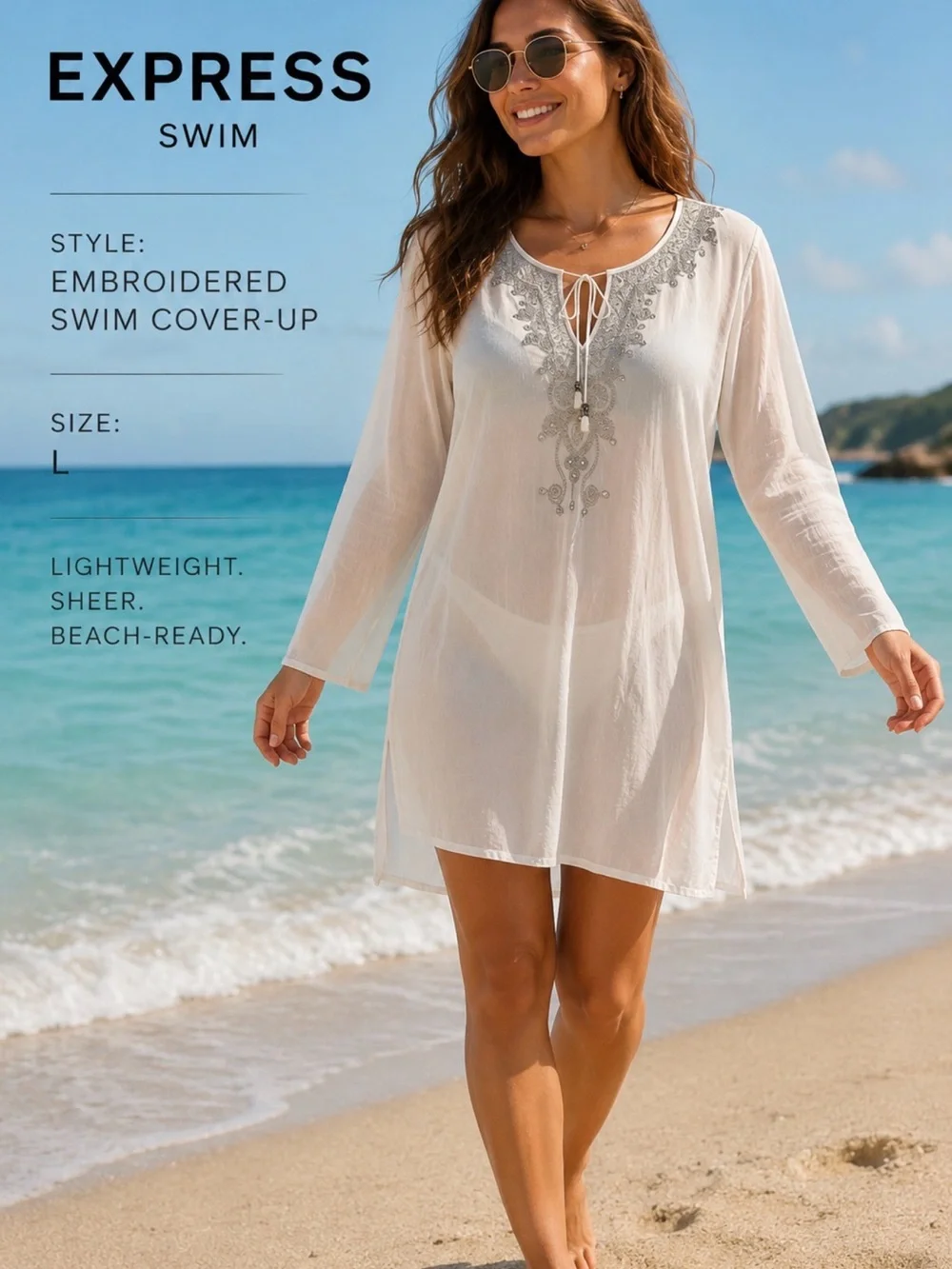 Express White Embroidered Sheer Swim Cover-Up size l large